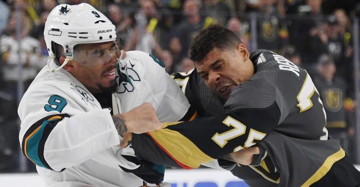 Evander Kane mocks Ryan Reaves after a chaotic incident in Game 1.